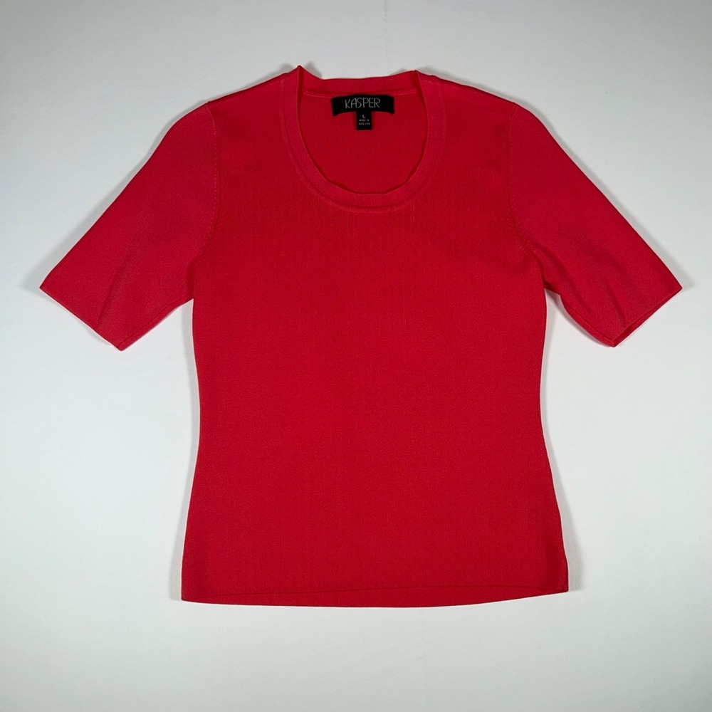 Kasper Women Large Coral Pink Knit Top Short Sleeve Rayon Blend NWOT